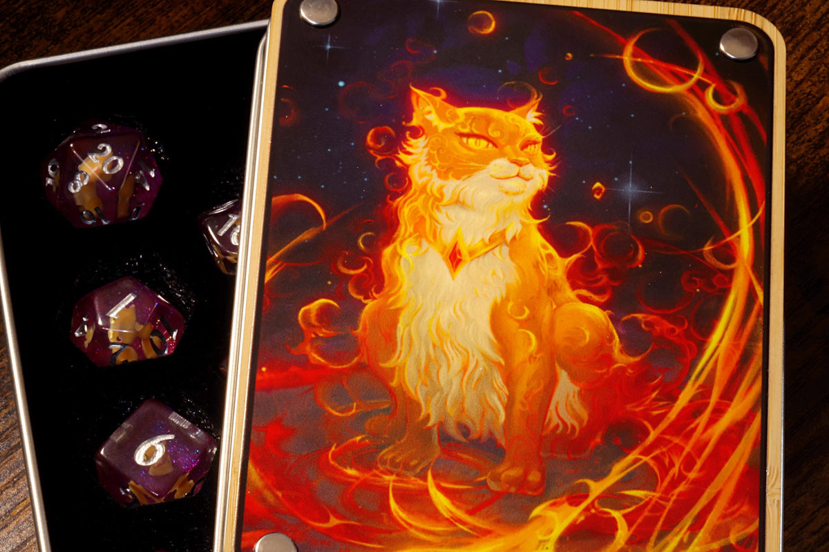 Flameborn Cat Dice Box with 11-Piece Orange Cat Dice Set - The Wizard's Vault
