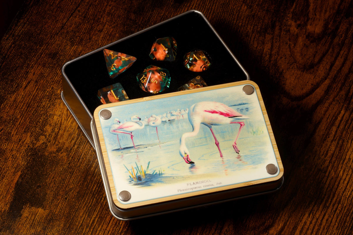 Natural History flamingoes dice box and set - The Wizard's Vault