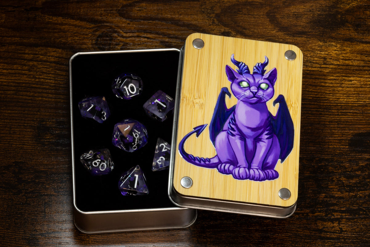 Eldritch Cat dice box with Eldritch Cat dice set - The Wizard's Vault