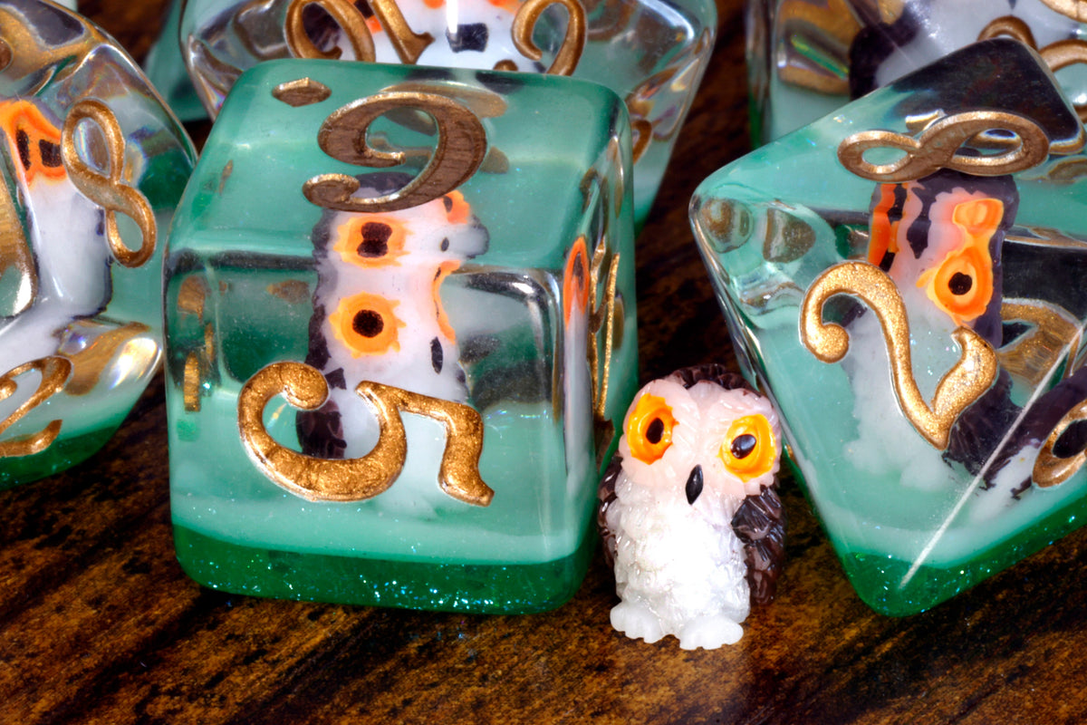 Histoire naturelle Hibou – Boîte à dés et ensemble de 7 dés – Inclusions de hiboux sur couche verte
