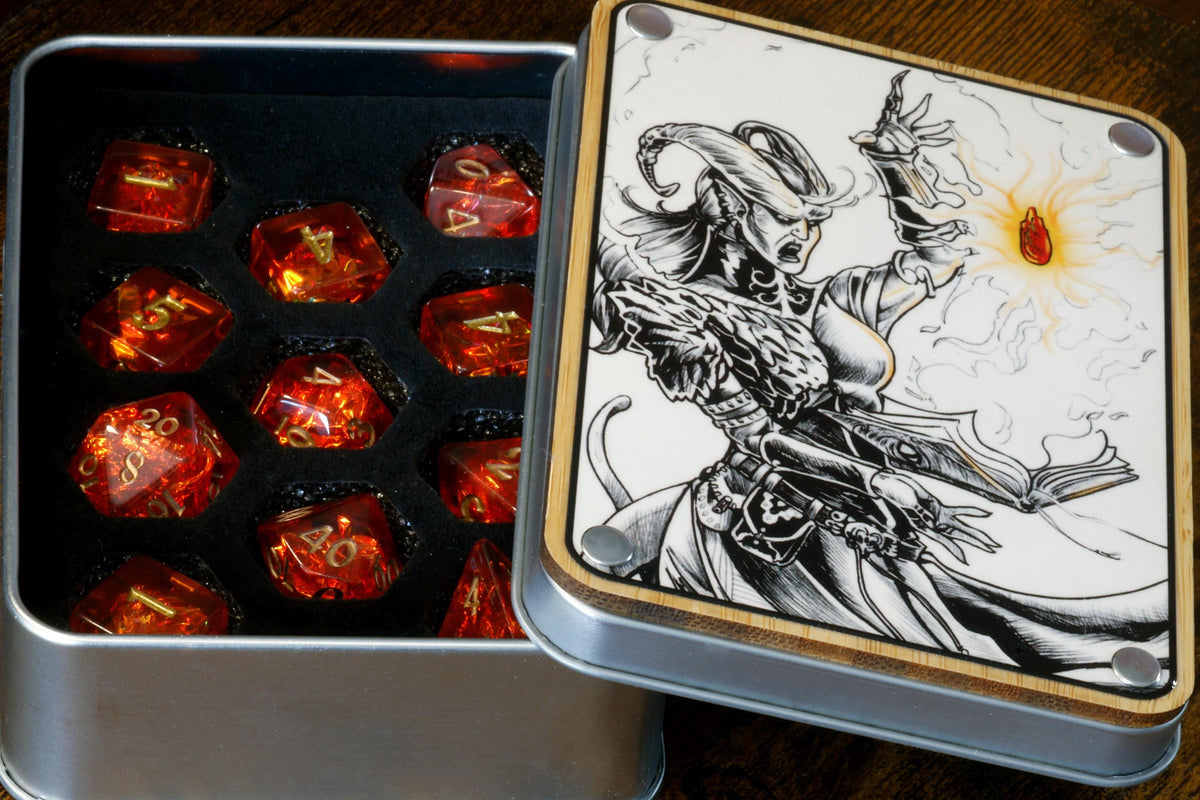 Pyromancer Ritual Dice Box and  11-Piece Fire Opal Dice Set - The Wizard's Vault