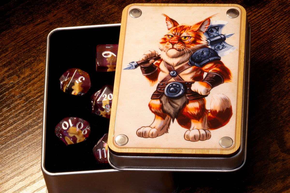 Barbarian Dice Box with Orange Tabby Dice Set - The Wizard's Vault