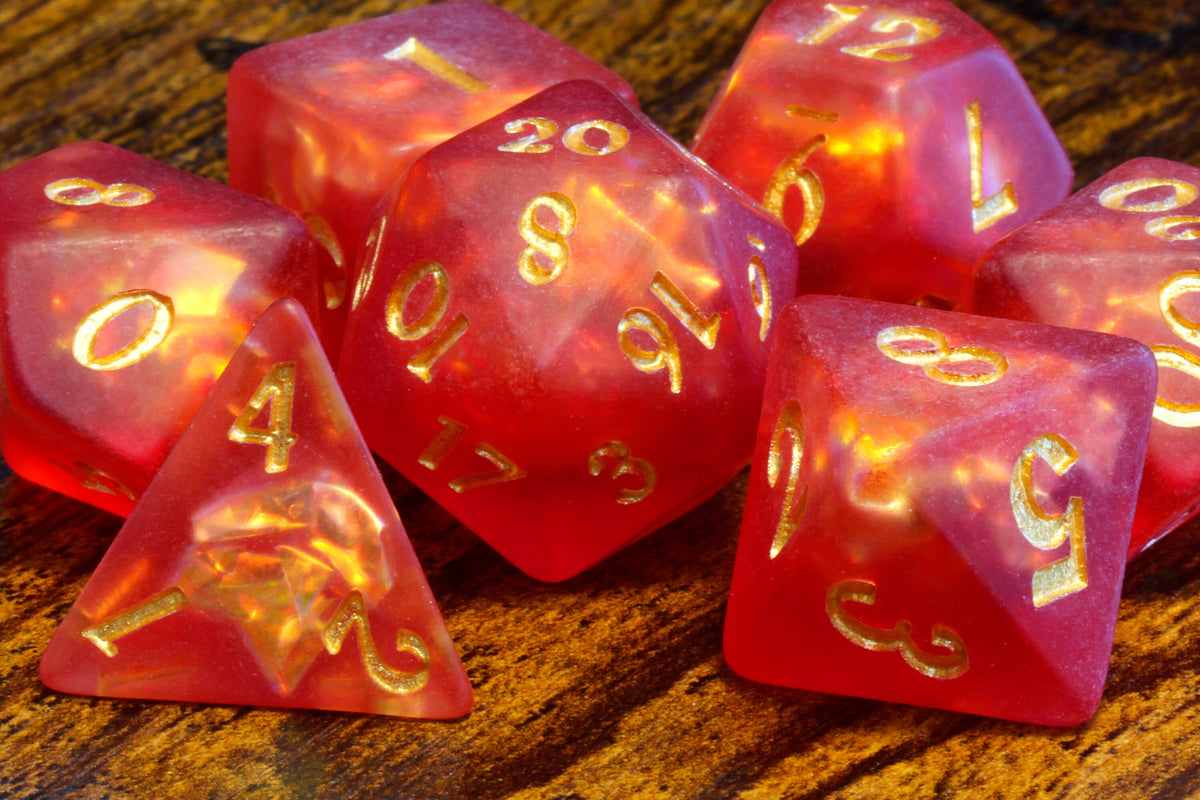 Dragon's Breath dice set, red-orange frosted resin with holographic inclusions