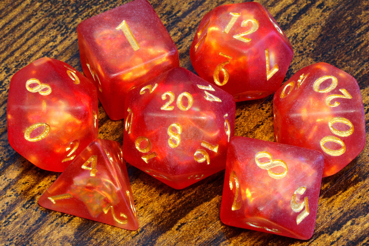 Dragon's Breath dice set, red-orange frosted resin with holographic inclusions