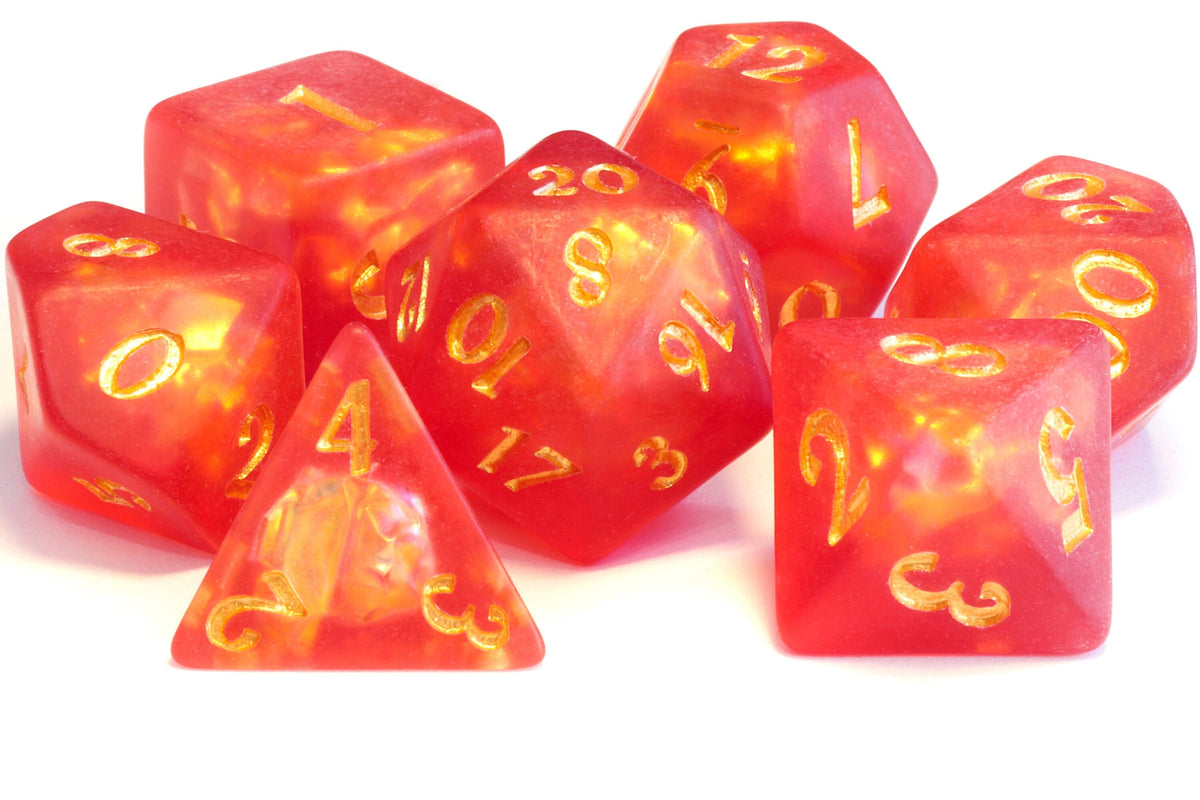 Dragon's Breath dice set, red-orange frosted resin with holographic inclusions