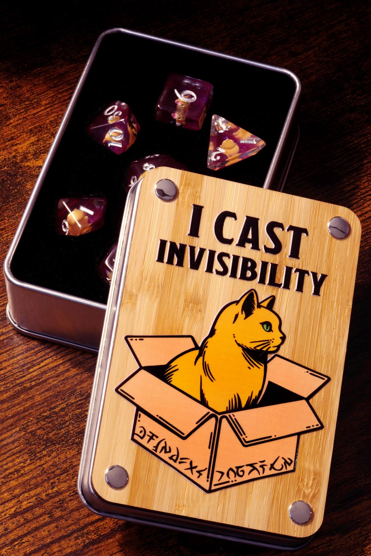 I Cast Invisibility Dice Box with Orange Tabby Dice Set