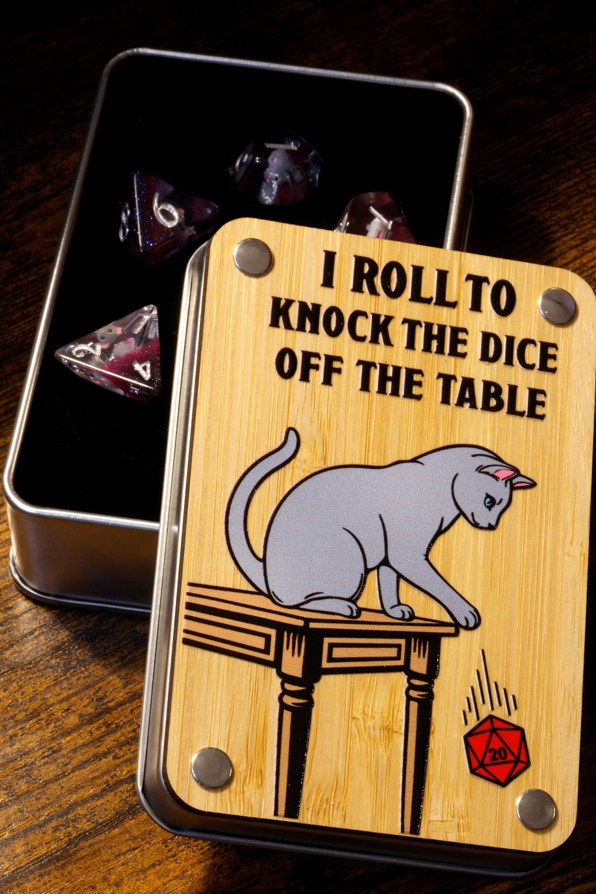 I Roll to Knock the Dice Off the Table box – Mystic Paws Grey Cat