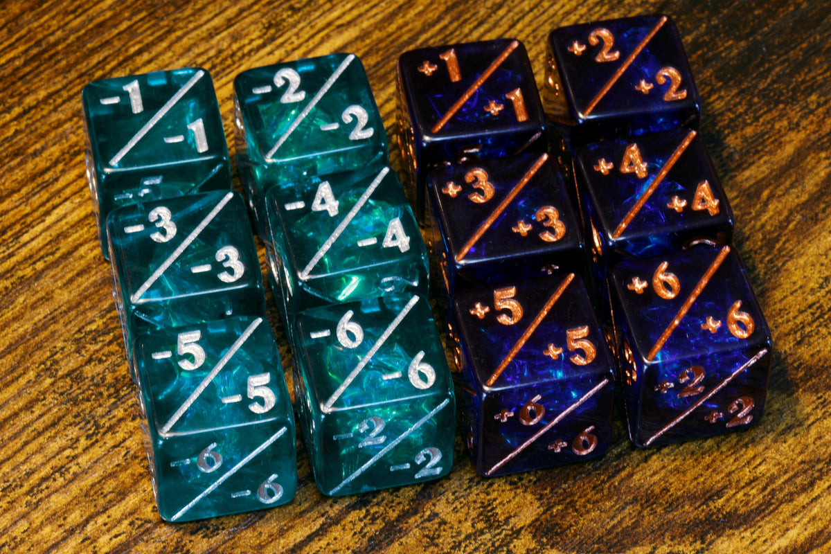 Dark Blue & Teal Counter Dice – 12-Piece +1/+1 and -1/-1 Token Set