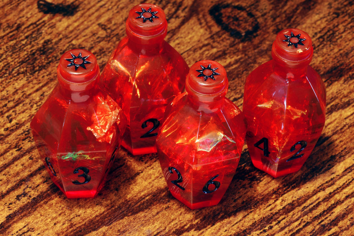 Vampire's Kiss Elixir D6 Potion Dice – Red Sharp Edge with Holographic Foil and Gold Flakes - The Wizard's Vault
