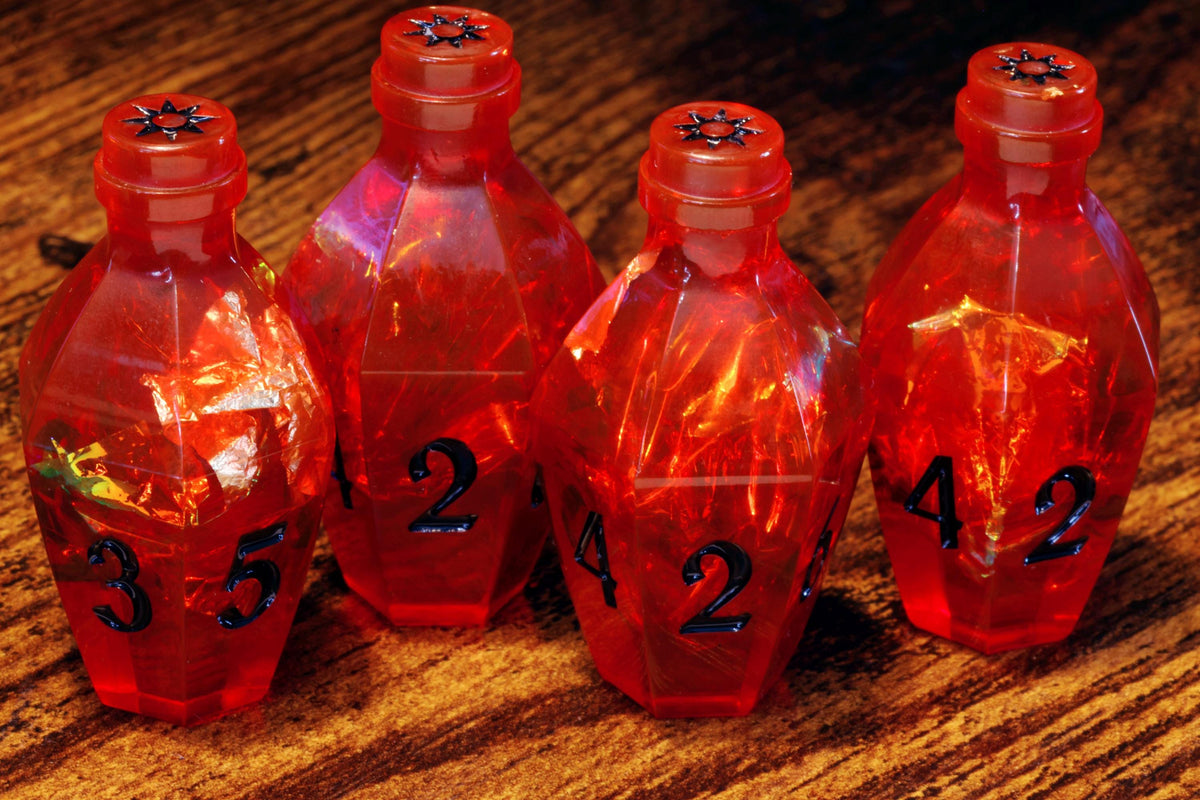 Vampire's Kiss Elixir D6 Potion Dice – Red Sharp Edge with Holographic Foil and Gold Flakes - The Wizard's Vault
