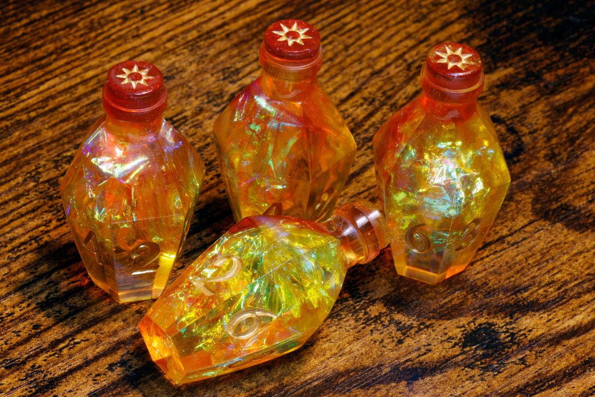 Flameborn Elixir D6 Potion Dice – Orange Sharp Edge with Holographic Foil - The Wizard's Vault