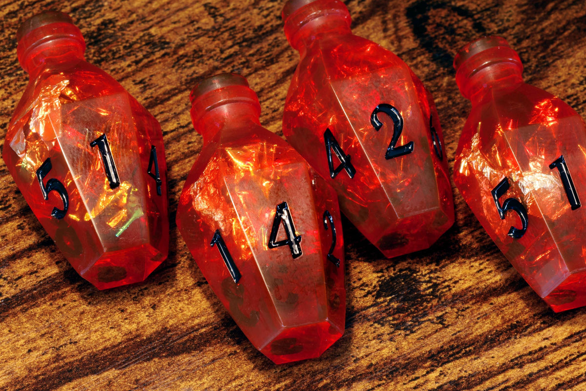 Vampire's Kiss Elixir D6 Potion Dice – Red Sharp Edge with Holographic Foil and Gold Flakes - The Wizard's Vault