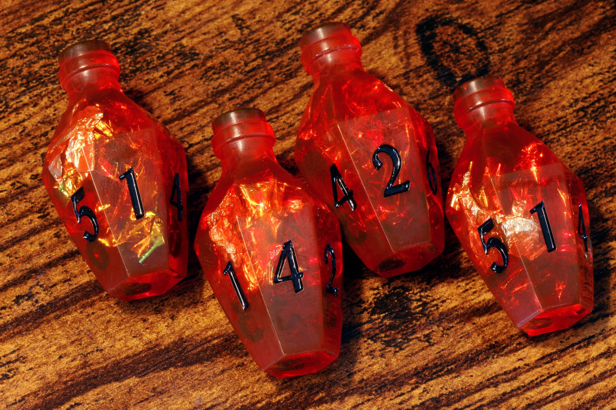 Vampire's Kiss Elixir D6 Potion Dice – Red Sharp Edge with Holographic Foil and Gold Flakes - The Wizard's Vault