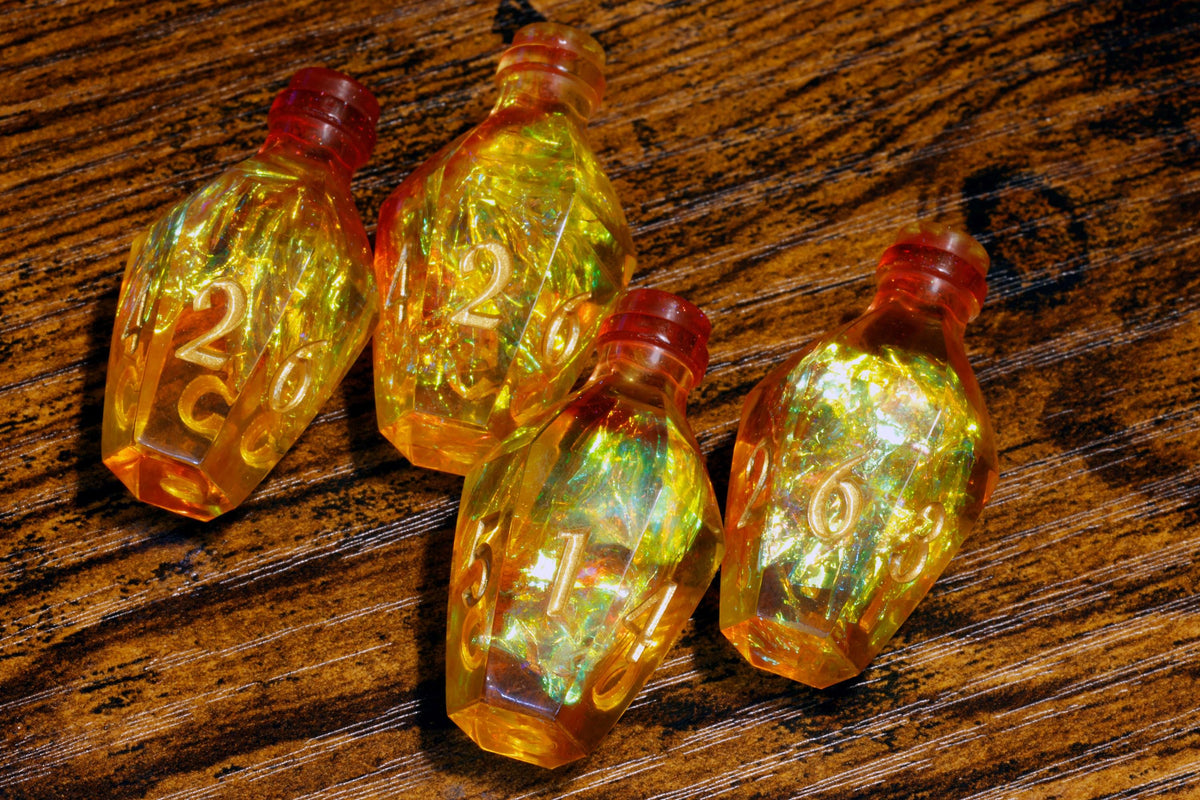 Flameborn Elixir D6 Potion Dice – Orange Sharp Edge with Holographic Foil - The Wizard's Vault