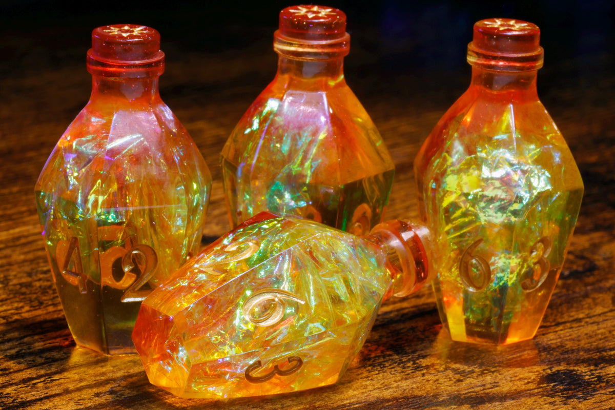 Flameborn Elixir D6 Potion Dice – Orange Sharp Edge with Holographic Foil - The Wizard's Vault