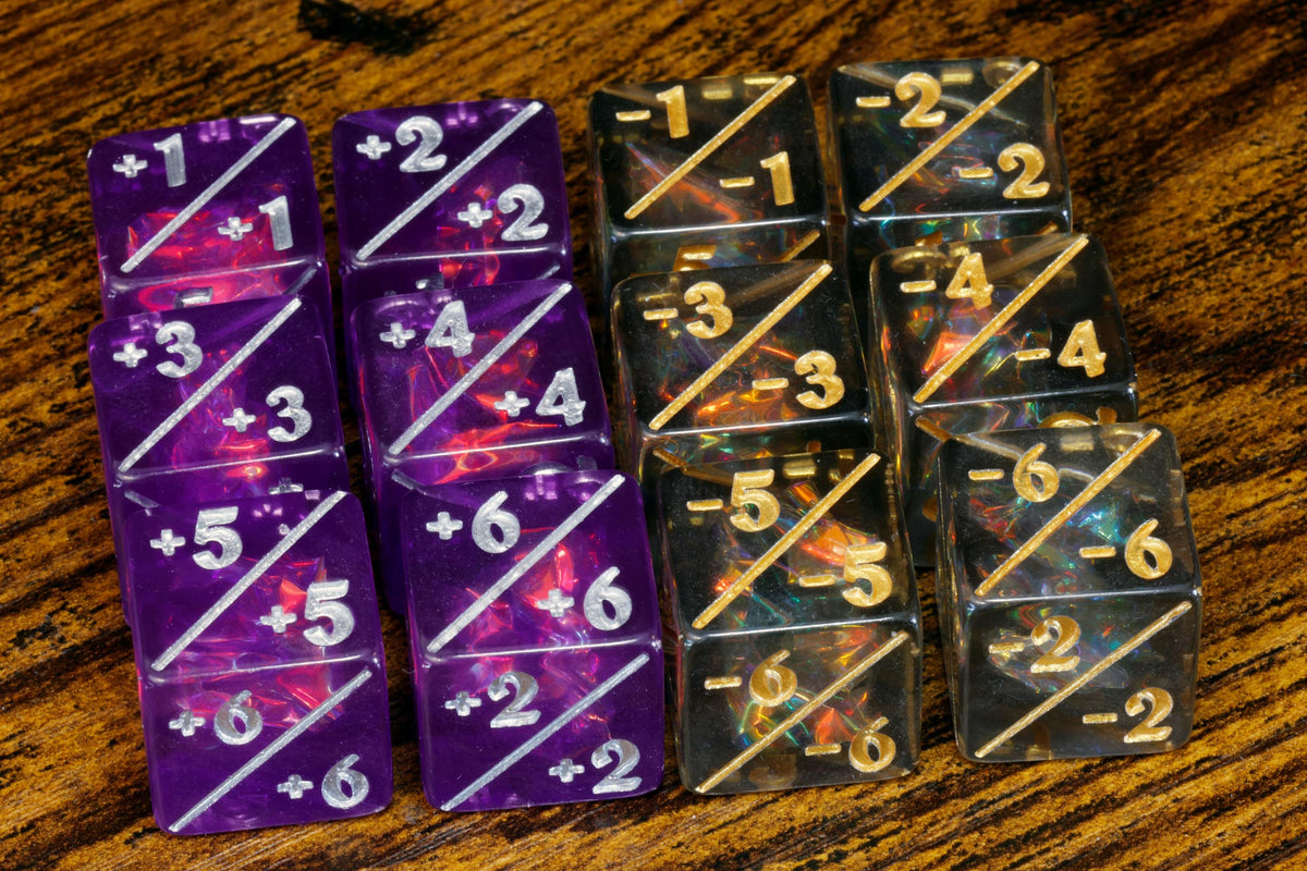 Opal Counter Dice – Purple and Grey counters close-up
