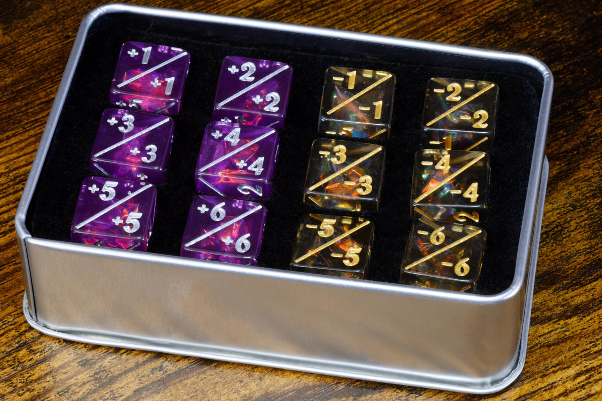 Purple & Grey Counter Dice – 12-Piece +1/+1 and -1/-1 Token Set