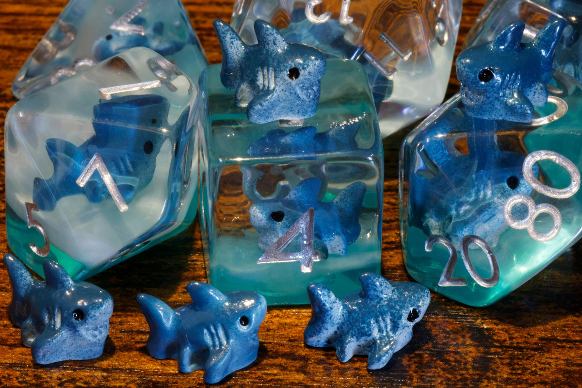 Shark themed dice box with shark dice