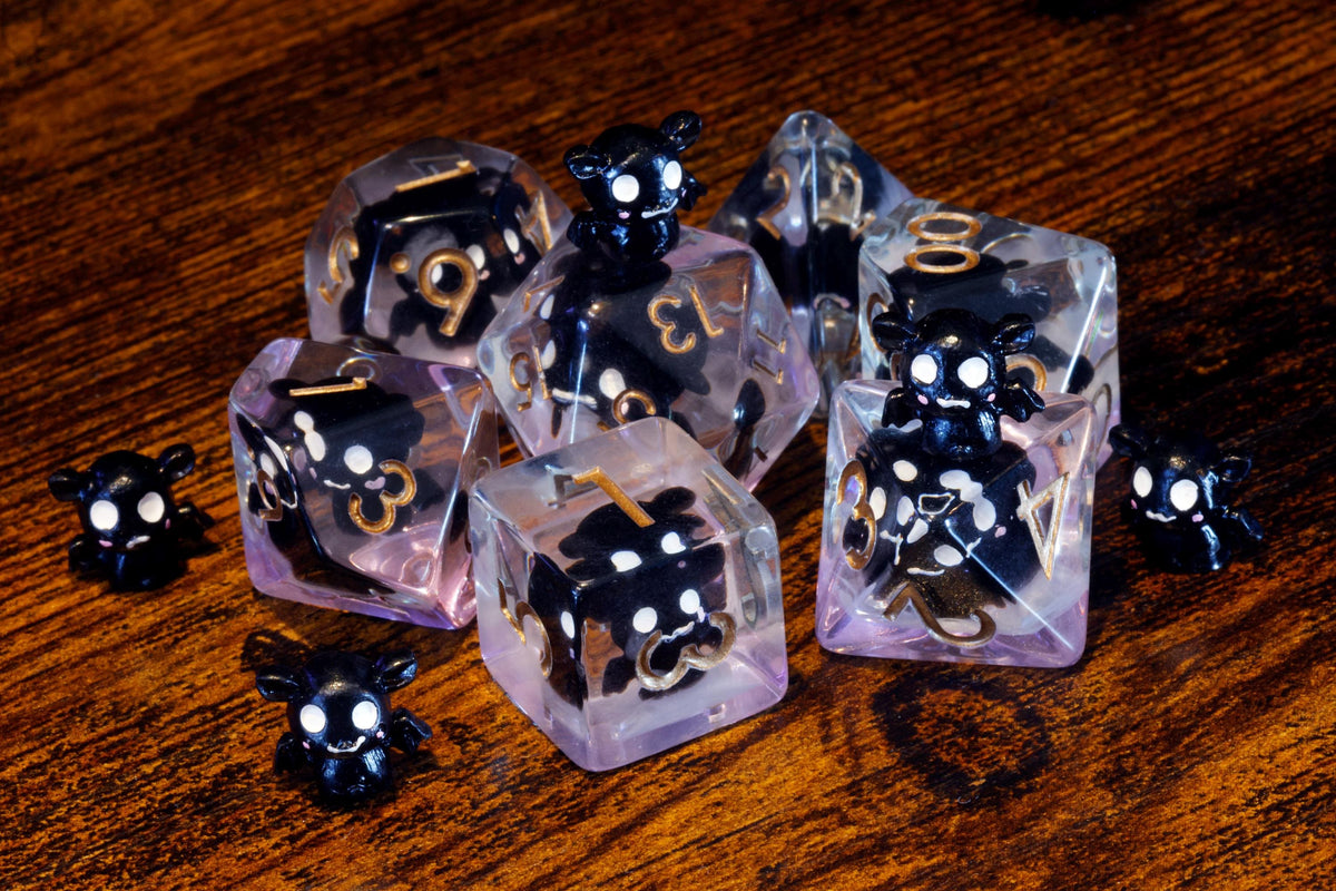 Bat dice set with miniature bat inclusions - The Wizard's Vault