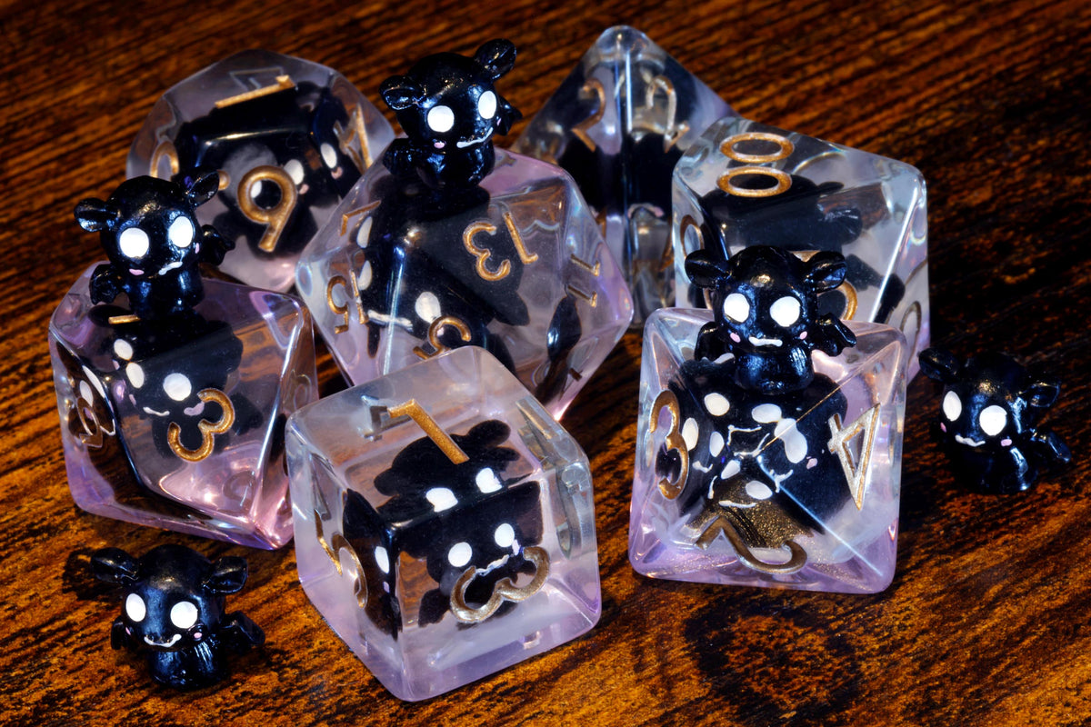 Bat dice set with miniature bat inclusions - The Wizard's Vault