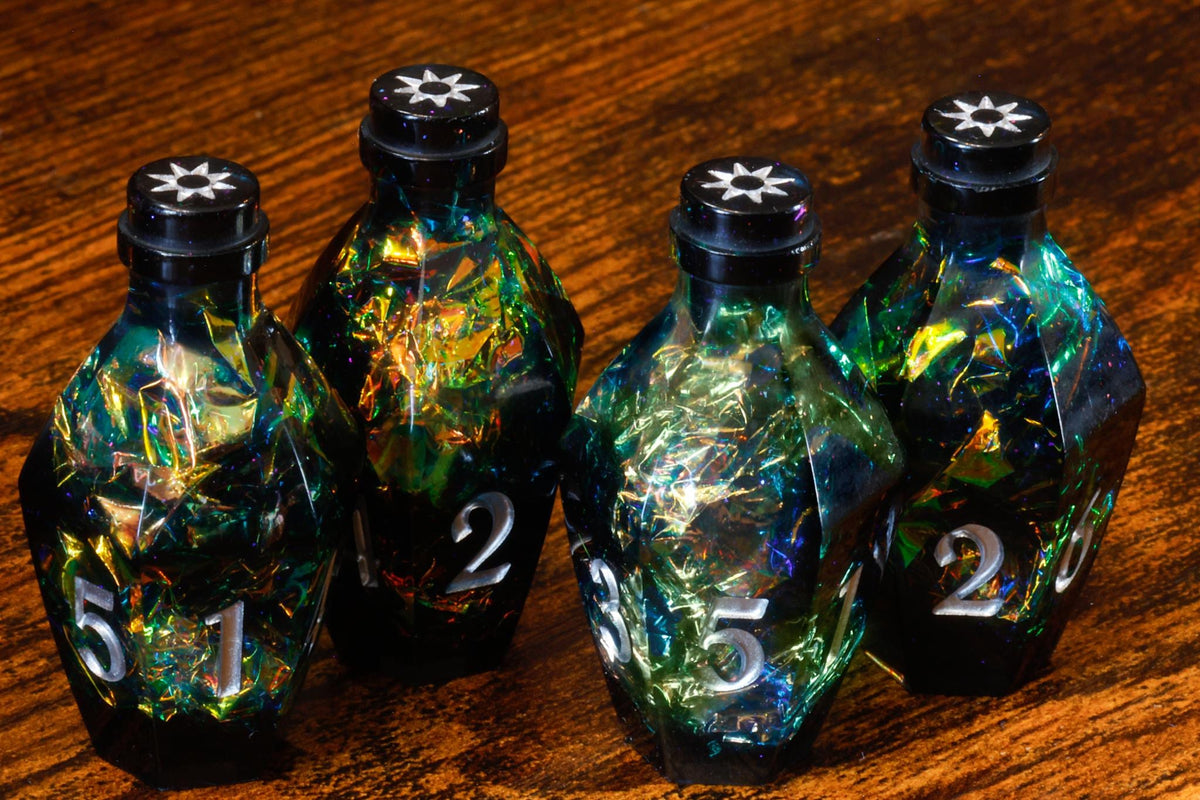 Shadowborn Phial D6 Potion Dice – Dark Grey Resin with Holographic Foil - The Wizard's Vault