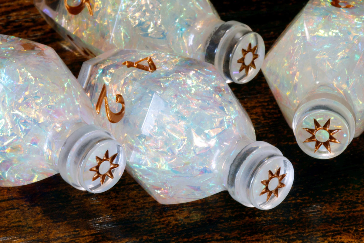 Divine Essence D6 Potion Dice – Clear Sharp Edge with Holographic Foil - The Wizard's Vault