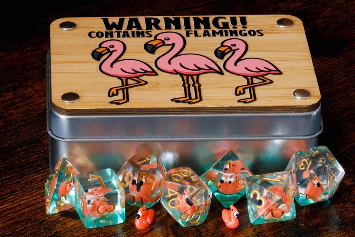 Flamingo resin dice set with miniature flamingo inclusions