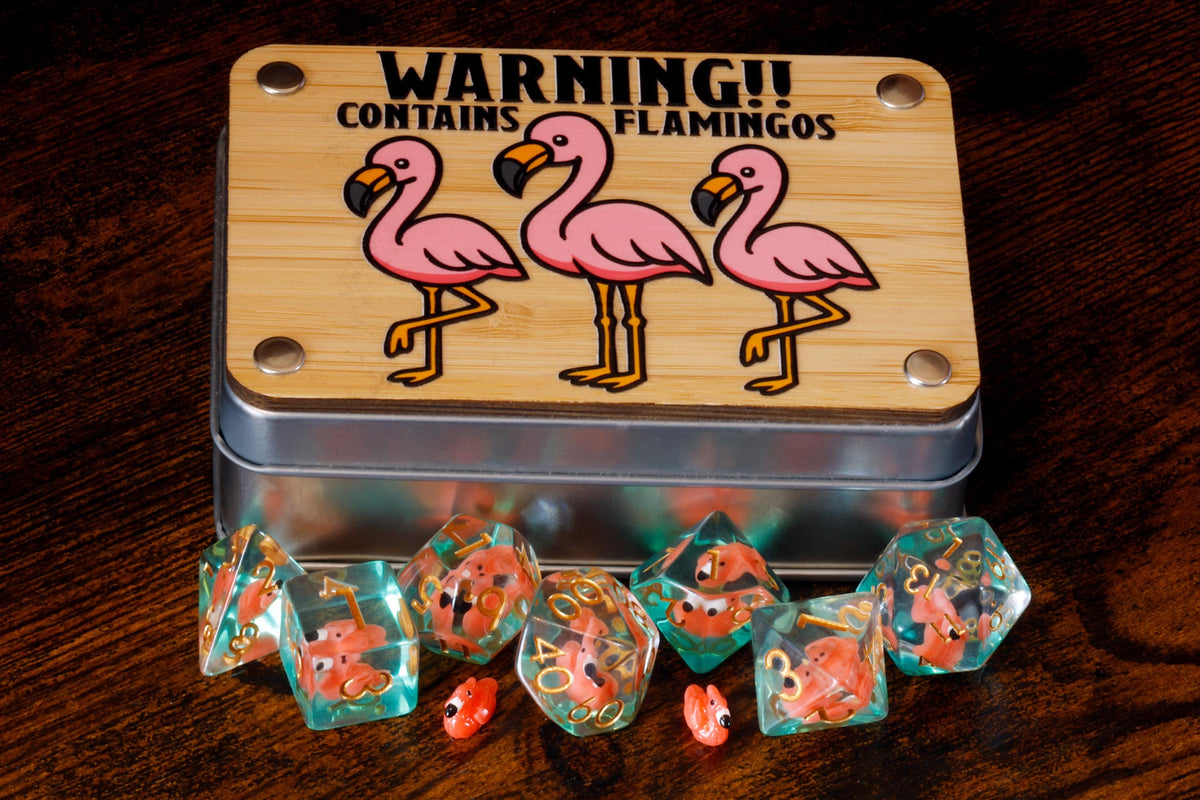 Flamingo dice box and 7-piece flamingo dice set