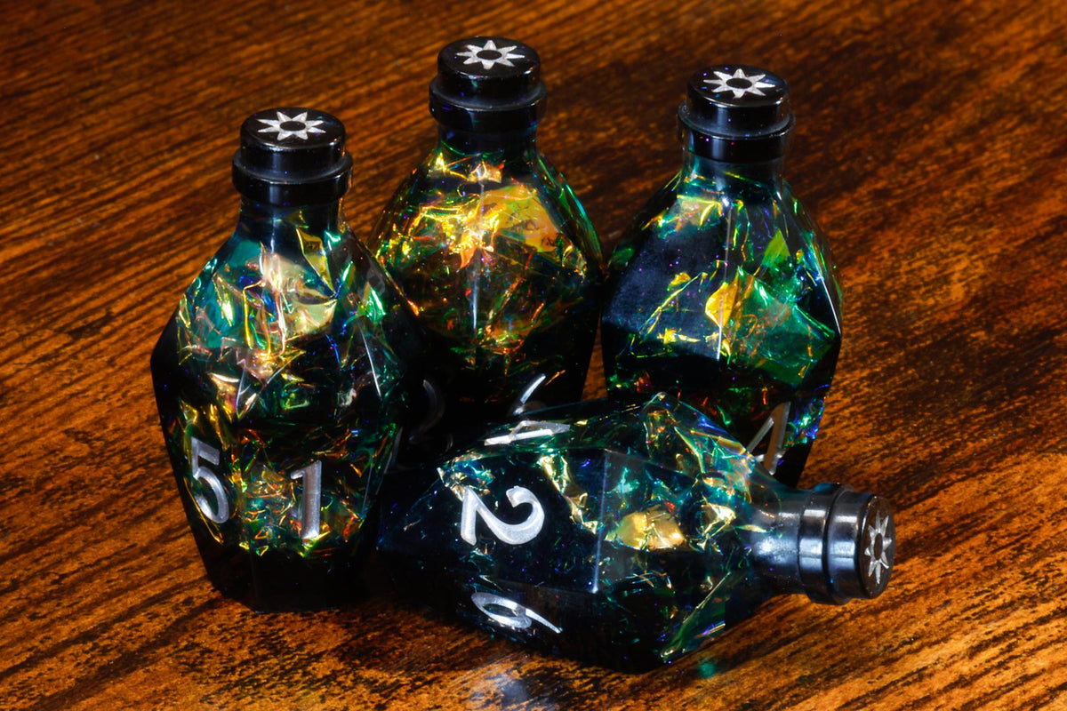 Shadowborn Phial D6 Potion Dice – Dark Grey Resin with Holographic Foil - The Wizard's Vault