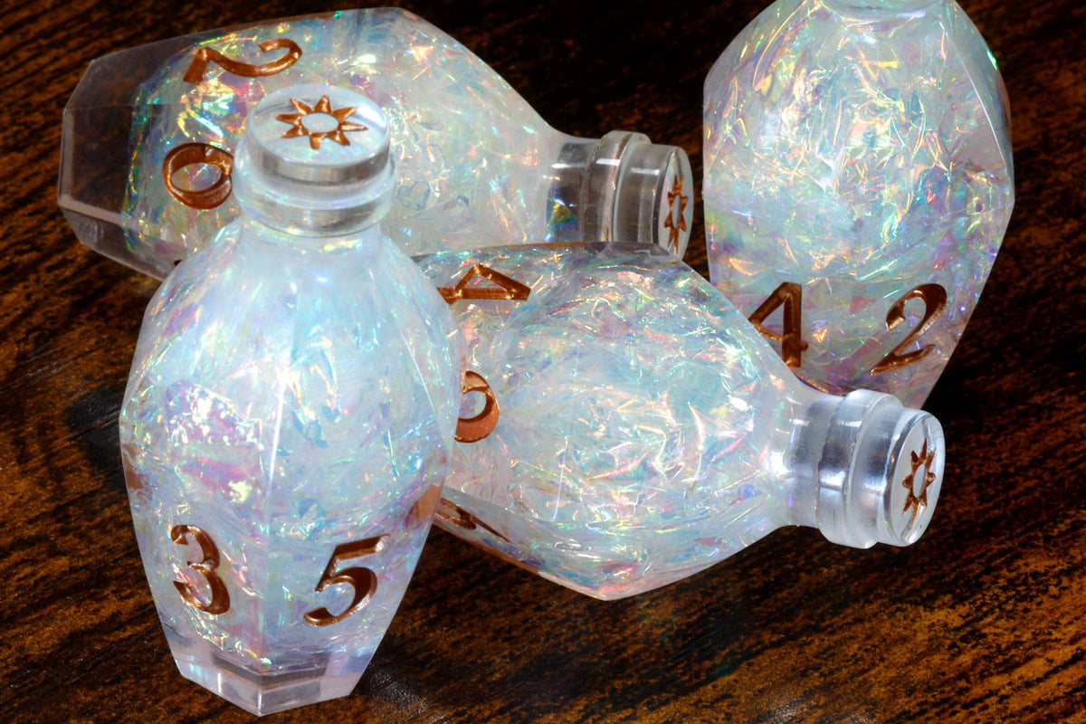 Divine Essence D6 Potion Dice – Clear Sharp Edge with Holographic Foil - The Wizard's Vault