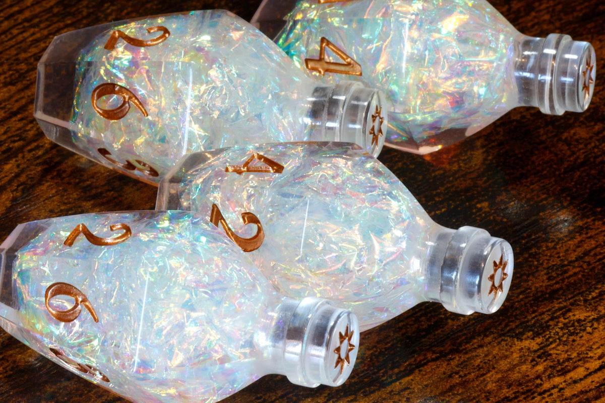 Divine Essence D6 Potion Dice – Clear Sharp Edge with Holographic Foil - The Wizard's Vault