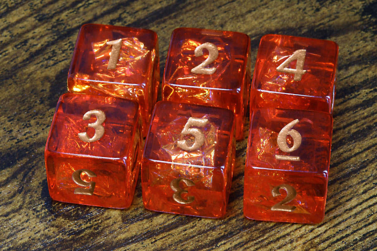 Fire Opals D6 Dice – Red Holographic Inclusions & Translucent Glitter, Iridescent Finish - The Wizard's Vault