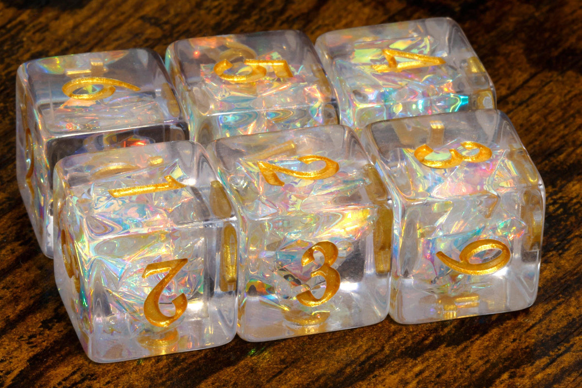 Sacred Opals D6 Dice – Clear with Holographic Inclusions, Iridescent Acrylic Film, Holographic Glitter - The Wizard's Vault