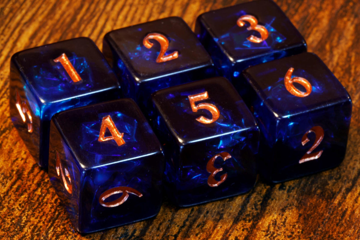 Twilight Opals D6 Dice – Dark Blue Indigo with Holographic Inclusions, Iridescent Acrylic Film, Holographic Glitter - The Wizard's Vault