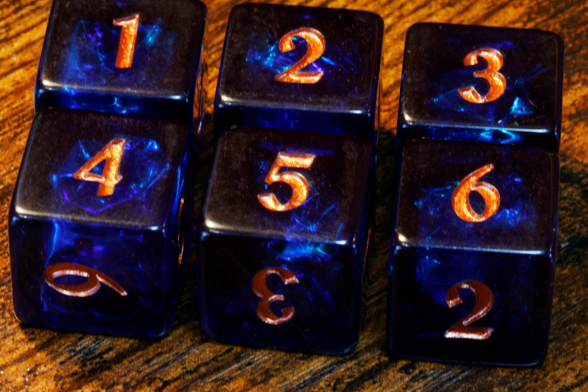 Twilight Opals D6 Dice – Dark Blue Indigo with Holographic Inclusions, Iridescent Acrylic Film, Holographic Glitter - The Wizard's Vault