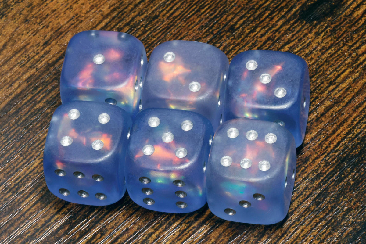 Frost Faerie Opal Six-Sided PIP Dice – Frosted Blue with Holographic Foil - The Wizard's Vault