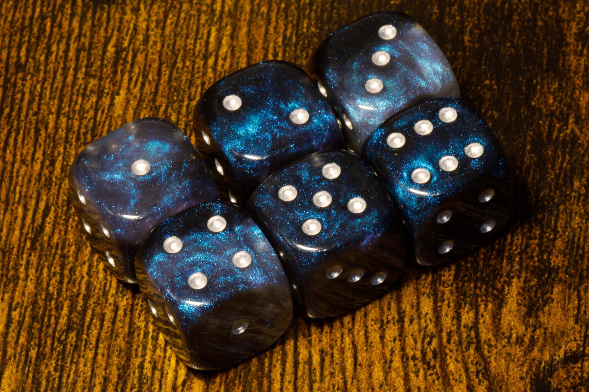 Dreamveil Opal Six-Sided PIP Dice – Semi-Opaque with Iridescent Blue and Purple Glitter - The Wizard's Vault