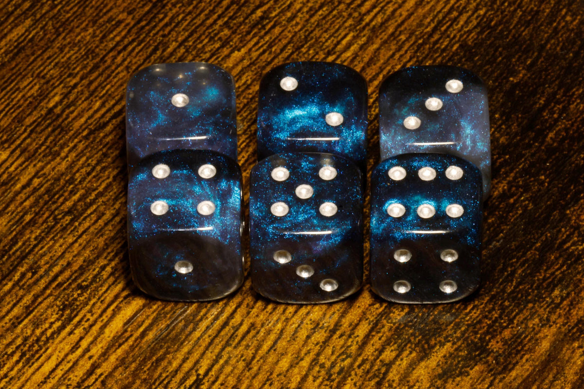 Dreamveil Opal Six-Sided PIP Dice – Semi-Opaque with Iridescent Blue and Purple Glitter - The Wizard's Vault