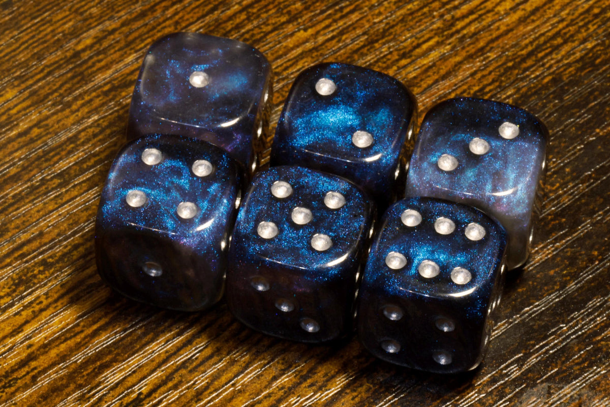 Dreamveil Opal Six-Sided PIP Dice – Semi-Opaque with Iridescent Blue and Purple Glitter - The Wizard's Vault