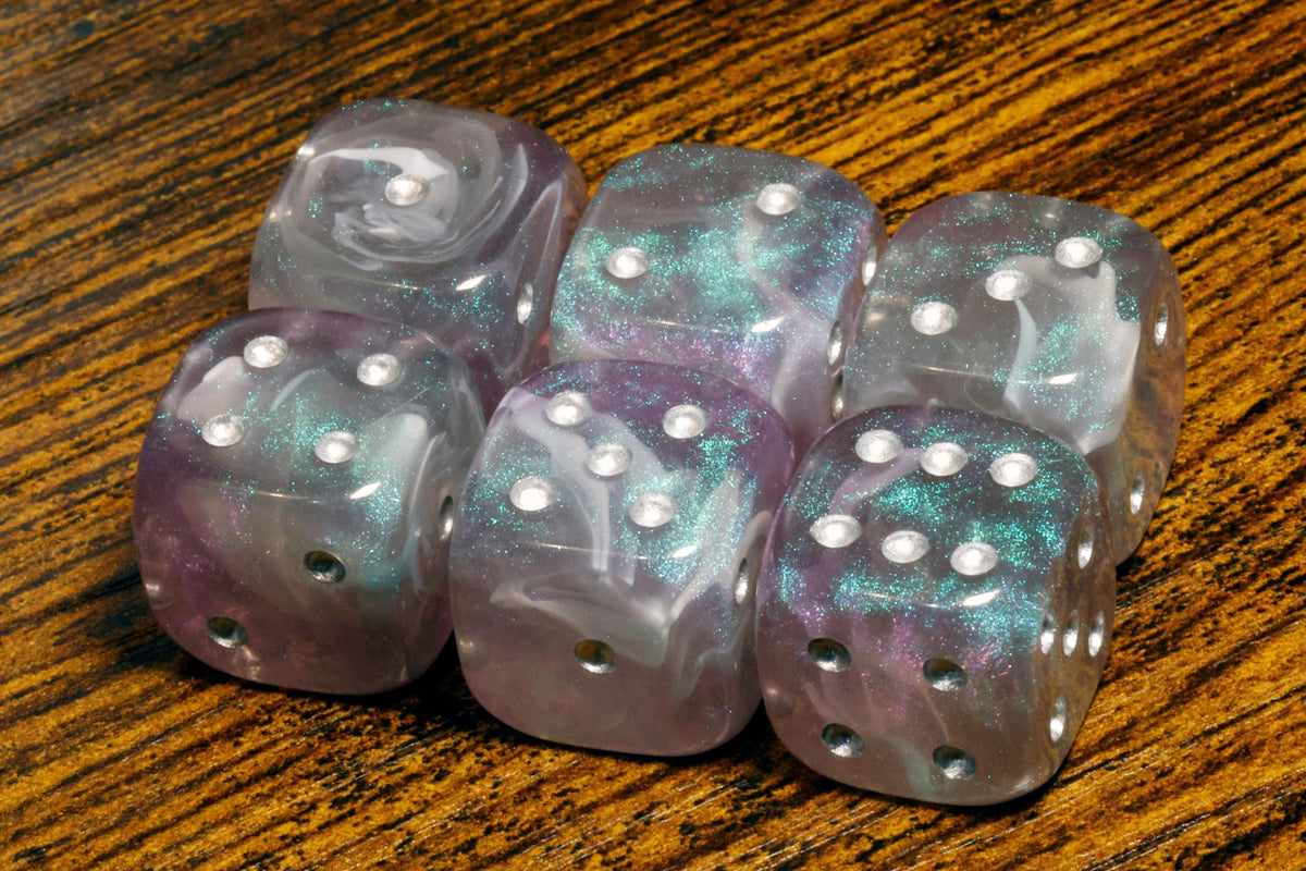 Nightstorm Opal Dice PIP Six-Sided PIP Dice – Semi-Opaque with Iridescent Blue and Purple Glitter - The Wizard's Vault