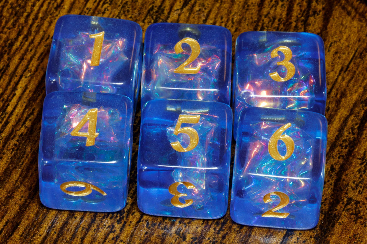 Tempest Opal D6 Dice – Electric Blue Holographic Inclusions & Translucent Glitter - The Wizard's Vault