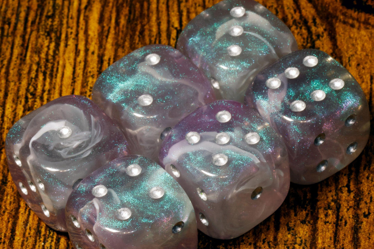 Nightstorm Opal Dice PIP Six-Sided PIP Dice – Semi-Opaque with Iridescent Blue and Purple Glitter - The Wizard's Vault