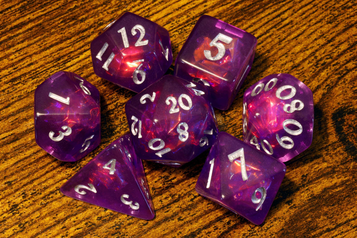 Eldritch Opal 7-Piece Dice Set – Purple with Holographic Inclusions - The Wizard's Vault