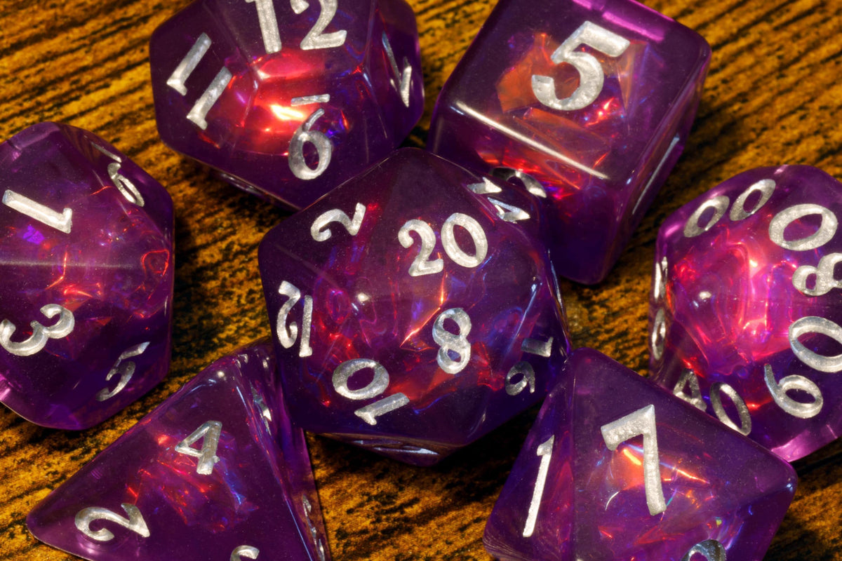 Eldritch Opal 7-Piece Dice Set – Purple with Holographic Inclusions - The Wizard's Vault