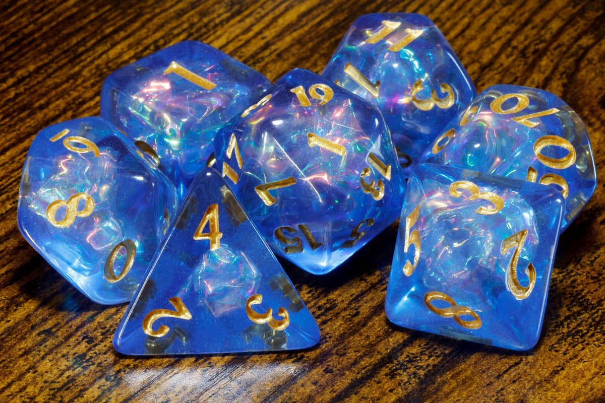 Tempest Opal 7-Piece Dice Set – Electric Blue with Holographic Lightning - The Wizard's Vault