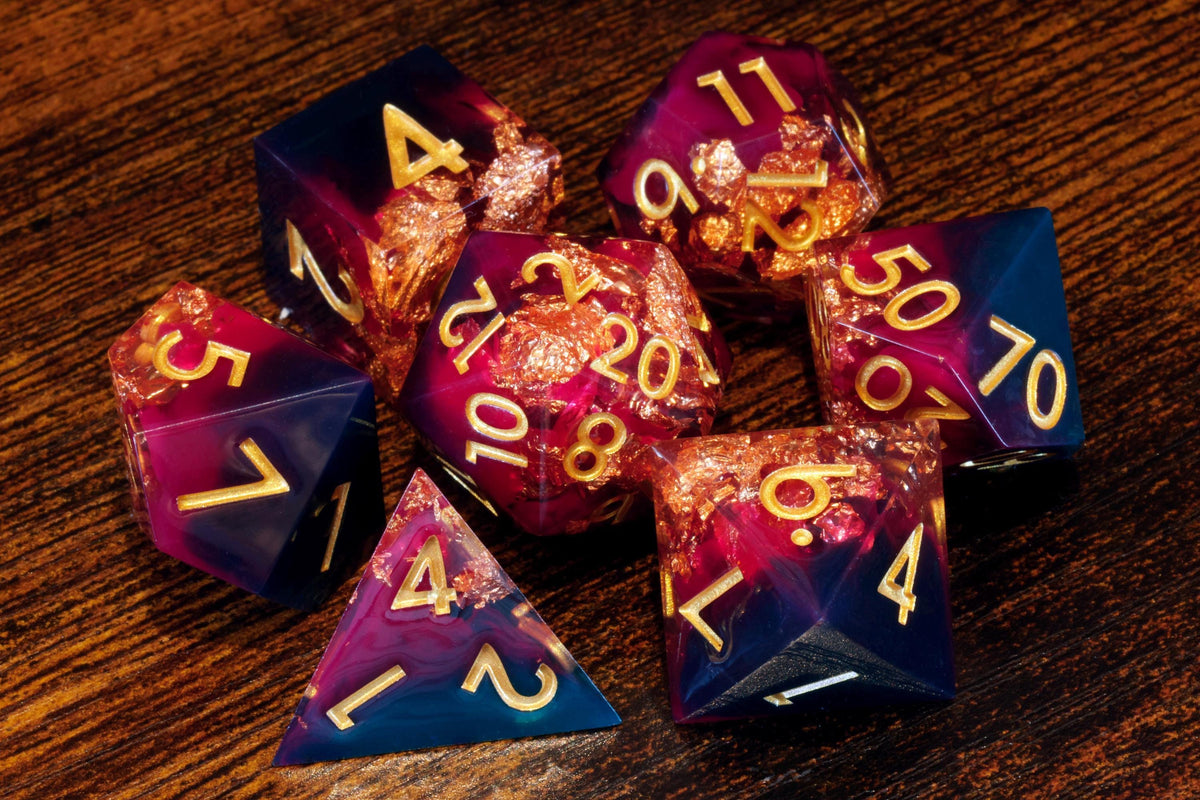 Vampire's Elixir 7-Piece Sharp Edge Dice Set – Deep Red and Dark Resin with Copper Flakes – photo 2