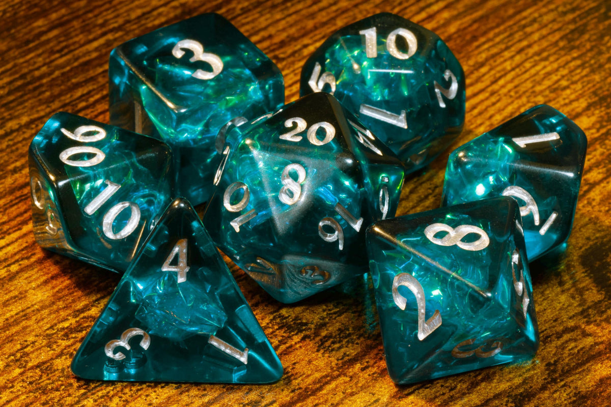 Abyssal Opal 7-Piece Dice Set – Dark Teal Blue with Holographic Foil - The Wizard's Vault