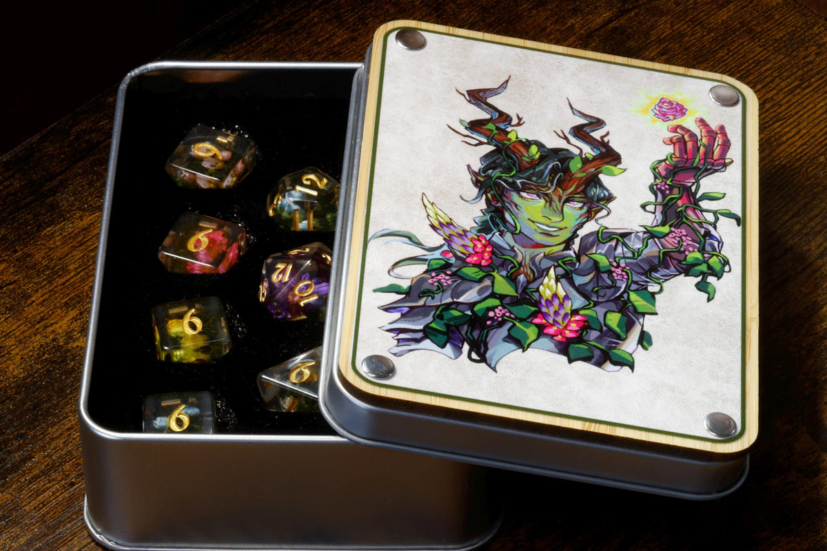 Flower and Moss Dice Set with Verdant Tiefling Vault