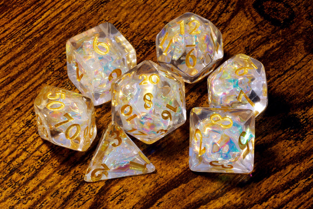 Sacred Opal 7-Piece Dice Set – Clear Translucent with Holographic Foil - The Wizard's Vault