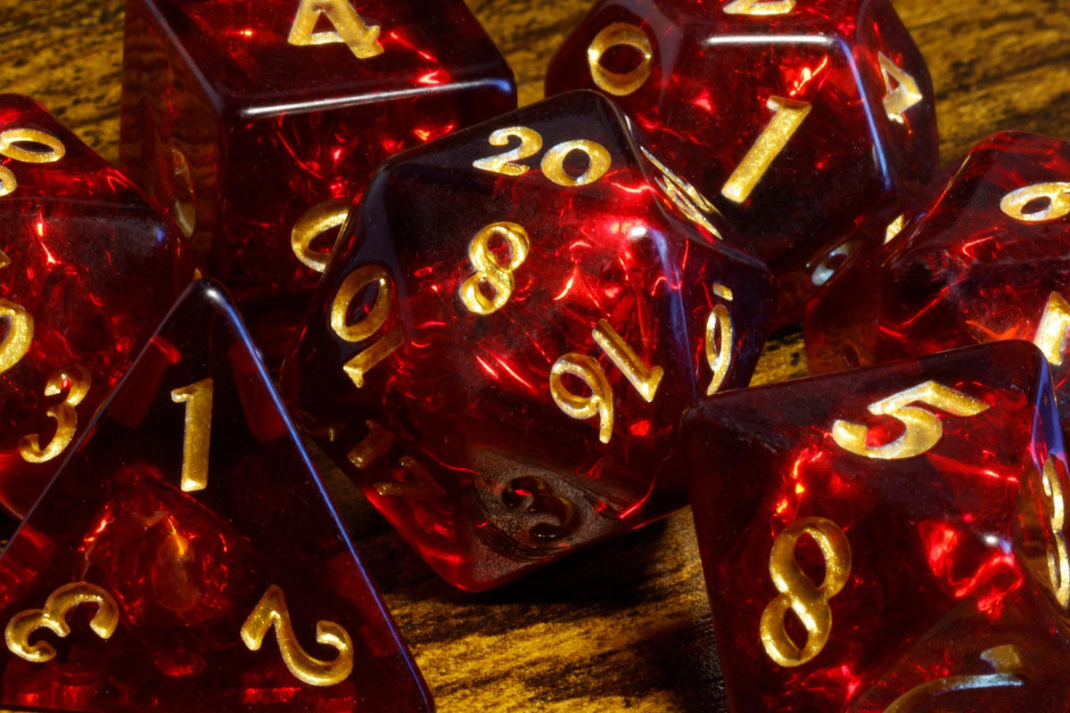 Cherry Opal 7-Piece Dice Set – Transparent Dark Red with Holographic Inclusions - The Wizard's Vault